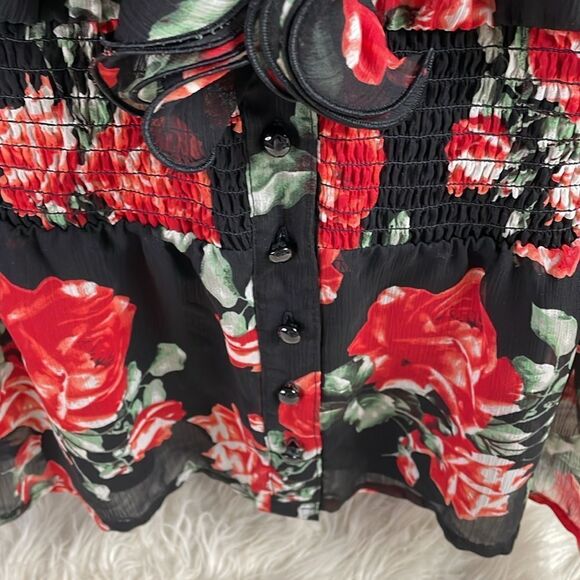 A Byer Blouse Set,Button Cardigan& Spaghetti Strap Top,M, Floral Black and Red - Picture 5 of 13